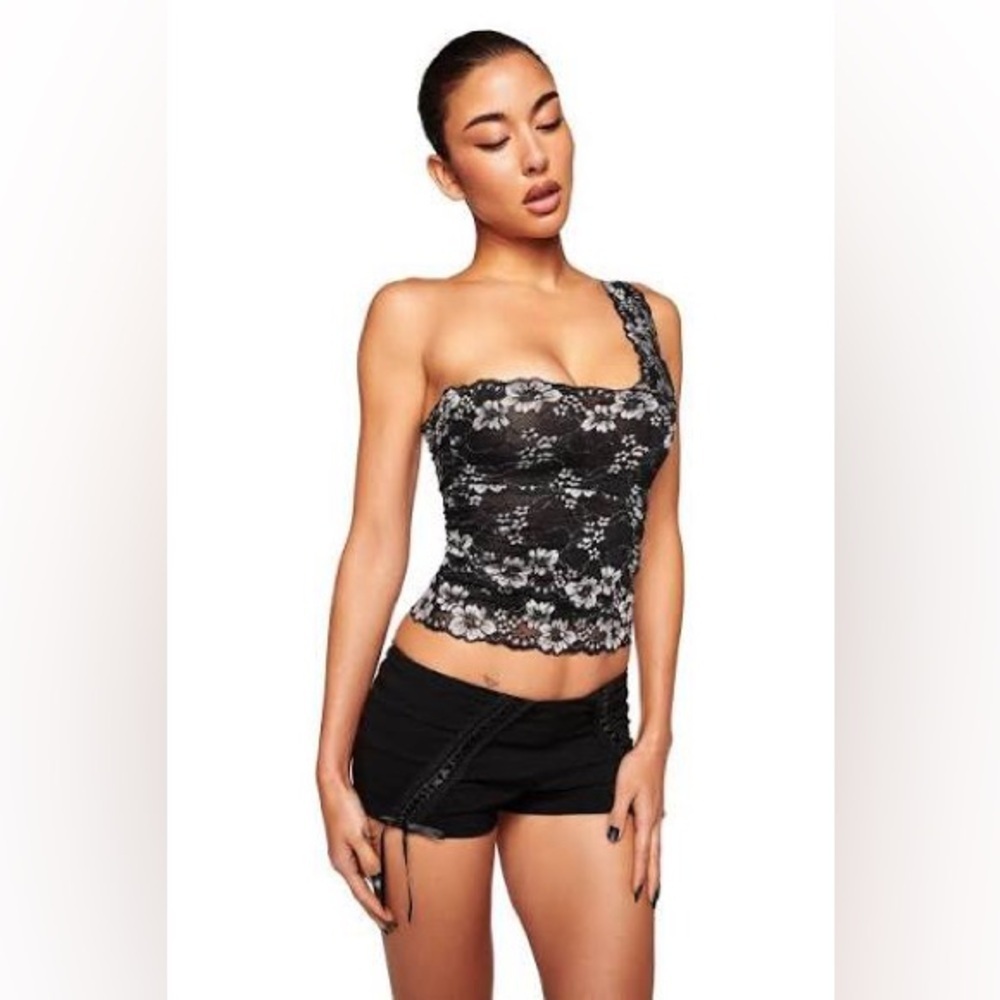 I.AM.GIA. NEW top women’s szXS One shoulder top black cream floral panelled lace